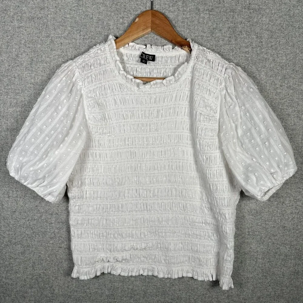J. Crew Medium Womens Top White Crinkle Stretch Cotton Short Sleeve Boho - Picture 1 of 16